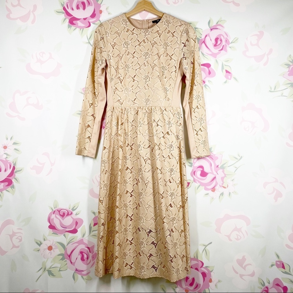 NEW H&M Peach Lace Long Sleeve Midi Dress S